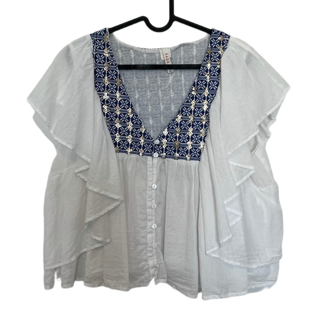 Raga Fenia Boho Sequin Flutter Ruffled Button Fro… - image 2